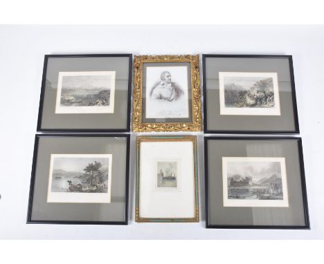 Six various paintings and printsTo include four 19th Century coloured engravings Scottish landscapes, Kilchurn Castle and oth