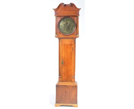 A George III oak cased  eight day long case clock by Harlow AshburnThe case with a moulded twin swan neck pediment above tape