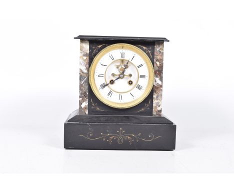 A black slate and marble mantle clock, late 19th centuryThe 12cm white enamel dial with Roman numerals, gilt chapter ring, ca