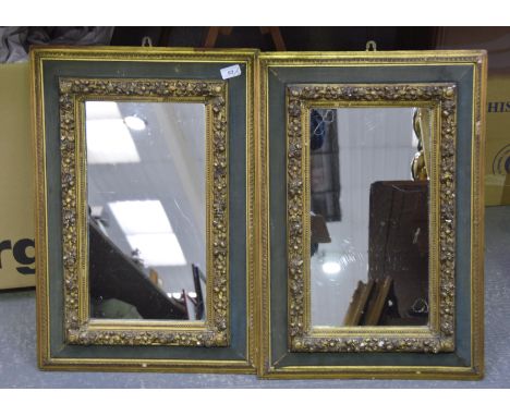 A pair of French giltwood and material framed mirrors, 19th centuryThe central 44cm high by 24cm mirror surrounded by elabora
