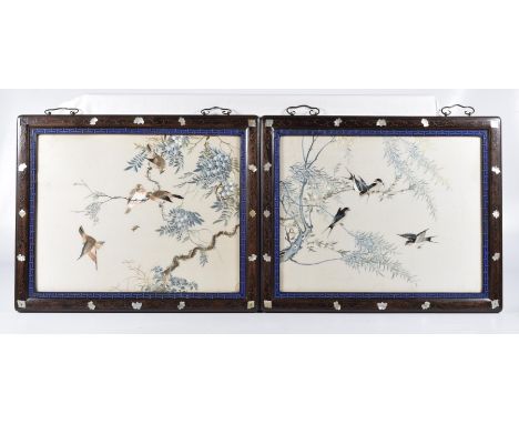 A beautiful pair of Chinese framed silk work 'bird panels,' 19th Century Each on a pale ground detailed and intricately worke