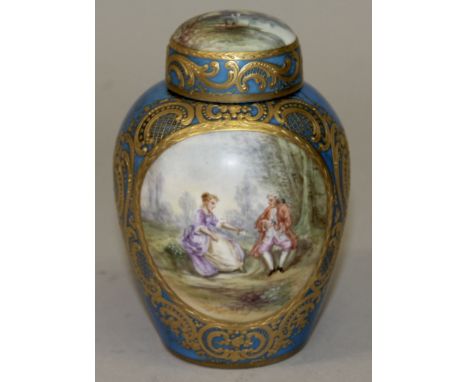 A SMALL SEVRES PORCELAIN GINGER JAR AND COVER, blue ground with reverse panels painted with a lake scene and young lovers.  S