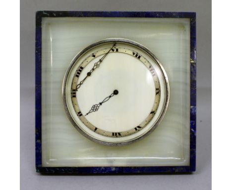 A VERY GOOD SQUARE MARBLE EASEL CLOCK banded in lapis lazuli with eight day movement, fifteen jewels. Made in Switzerland.  8