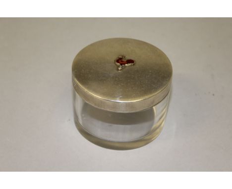 A CIRCULAR GLASS PIN BOX with engine turned top.London 1938.