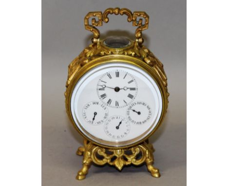 A SUPERB 19TH CENTURY FRENCH MULTI DIAL CARRIAGE CLOCK in a classical case with carrying handle, supported on four hoof feet.