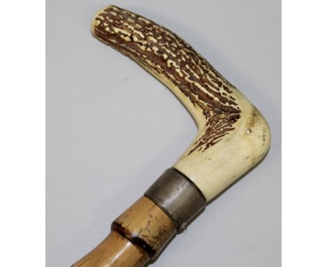 A VERY HEAVY CANE WALKING STICK WITH HORN HANDLE and silver band.  34ins long.