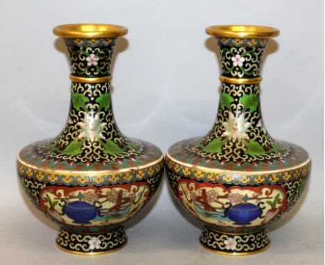 A MIRROR PAIR OF 20TH CENTURY CHINESE CLOISONNE VASES, each decorated with panels of precious objects, the panels reserved on