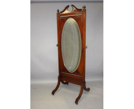 AN EDWARDIAN MAHOGANY AND SATINWOOD CROSSBANDED CHEVAL MIRROR with broken arch pediment, oval mirror plate, supported on four