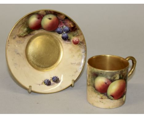 A ROYAL WORCESTER COFFEE CAN AND SAUCER painted with fruit by W. H. AUSTIN.