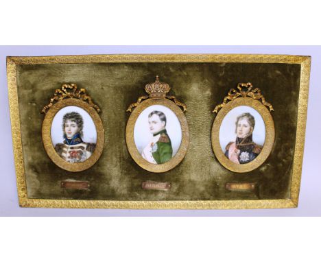 A GOOD SET OF THREE OVAL PORTRAIT MINIATURES of MURAT, NAPOLEON AND NEY, all signed David 1810, 3.5ins x 2.5ins, contained in