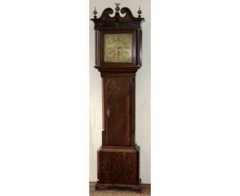 A GEORGE III OAK LONGCASE CLOCK with eight day movement, engraved square brass dial with subsidiary date aperture, signed C. 