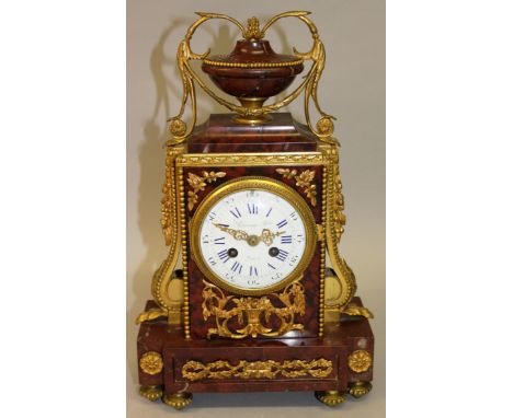A SUPERB EARLY 19TH CENTURY FRENCH MARBLE AND ORMOLU CLOCK by RAINGER FRES. PARIS with eight day movement, white enamel dial,