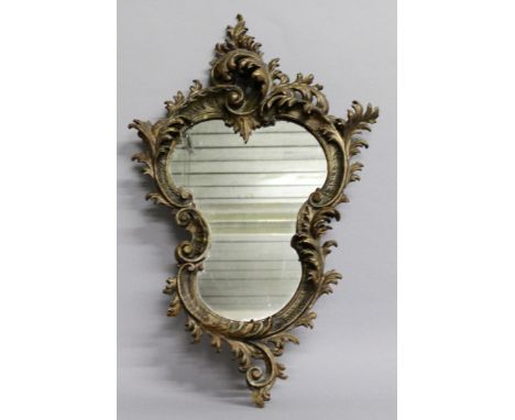 AN ITALIAN CARVED GILT WOOD SHAPED MIRROR with scrolling acanthus decoration.2ft 5ins long, 1ft 6ins wide.