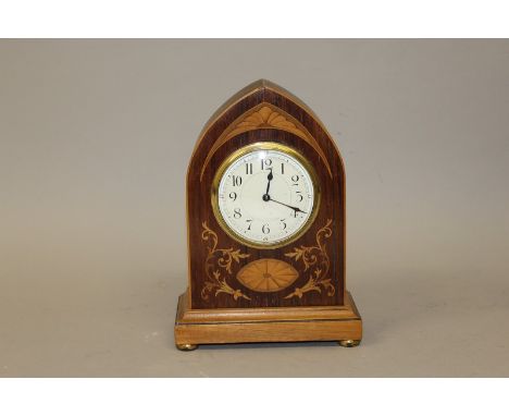 A GOOD EDWARDIAN MAHOGANY INLAID MANTLE CLOCK.  9.5ins high.