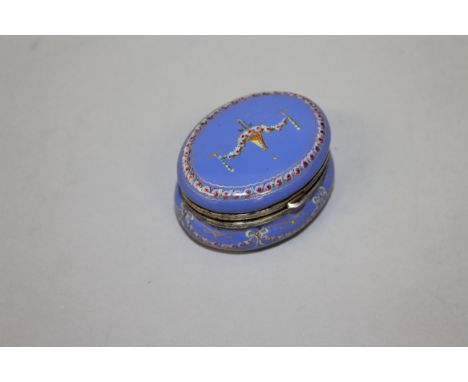 A GOOD BLUE ENAMEL CIRCULAR BOX AND COVER, the interior painted with a castle and landscape.  2.5ins.