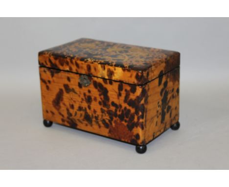 A 19TH CENTURY TORTOISESHELL CHINESE DESIGN TWO DIVISION TEA CADDY on bun feet.9ins long.