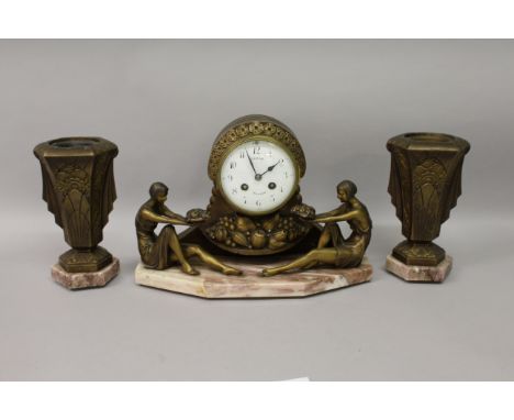AN ART DECO THREE PIECE GILT METAL CLOCK GARNITURE, the eight day movement by SARDA and supported by girls holding baskets of