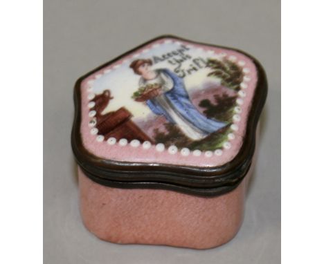 A BILSTON PINK SHAPED SNUFF BOX, "Ascent this Trifle". 1.5ins wide.