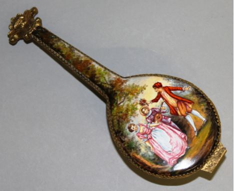 A SUPERB VIENNESE ENAMEL MINIATURE BANJO, the exterior painted with figures in a garden setting merrymaking and opening to re