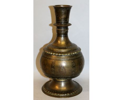 A 19TH/20TH CENTURY INDIAN BRONZE HOOKAH BASE, the sides with engraved decoration and black inlaid enamel, 9.8in high.