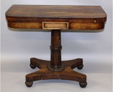 A REGENCY ROSEWOOD "D" SHAPE FOLD-OVER CARD TABLE on a plain turned column concave sided platform base.3ft 0ins wide x 2ft 5i