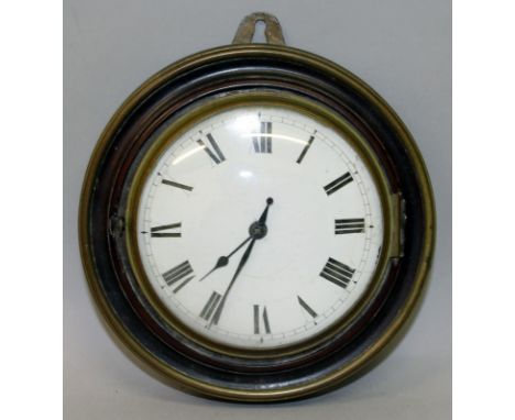 A SMALL CIRCULAR METAL AND WOOD CASED SEDAN CLOCK with black and white Roman numerals.  4-inch dial.