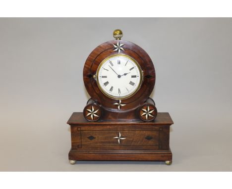A 19TH CENTURY MAHOGANY INLAID CLOCK with white circular dial, on a rectangular base.  12ins high.