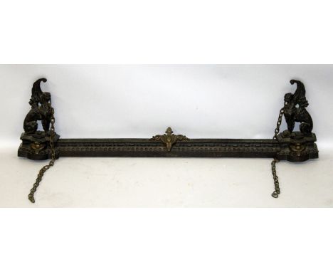 A 19TH CENTURY FRENCH BRONZED FIREGUARD with GRIFFIN finials.3ft 5ins long.