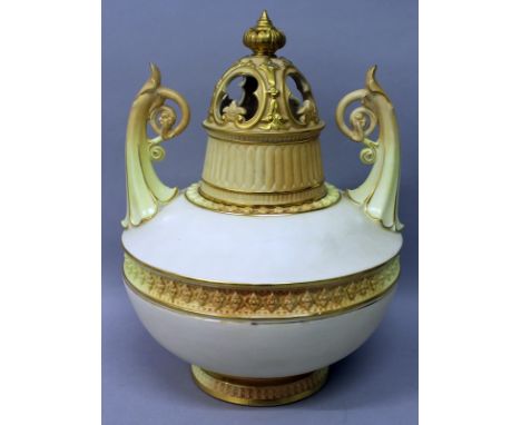 A LARGE ROYAL WORCESTER LIDDED CIRCULAR POT POURRI AND COVER with two handles and pierced lid.  Pattern No. 1256.  12ins high