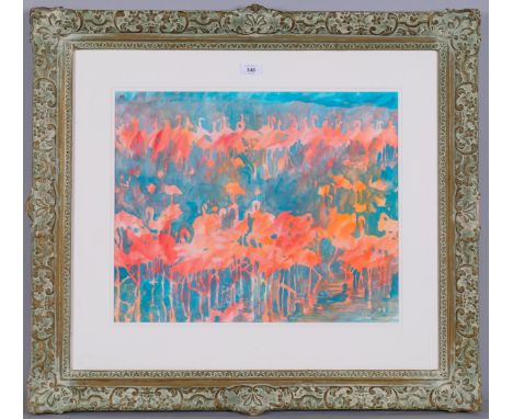 Jeremy Houghton (born 1974), a flock of flamingos, watercolour, 43cm x 53cm, framed.  Sold for St Michael's HospiceVery good 