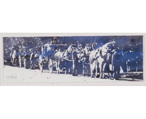 Jeremy Houghton (born 1974), Coronation Coach And Horses, monochrome watercolour, sheet 12cm x 36cm, framed.  Sold for St Mic