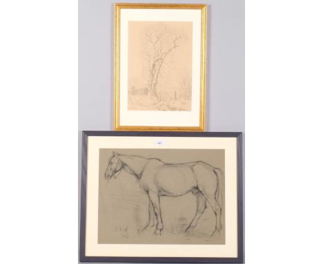 Lucy Kemp-Welch (1869 - 1958), study of a horse, charcoal on paper, 1903, and tree by a gate, monochrome watercolour, 35cm x 