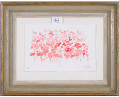 Jeremy Houghton (born 1974), a flock of flamingos, watercolour, sheet 17cm x 26cm, framed.  Sold for St Michael's HospiceVery
