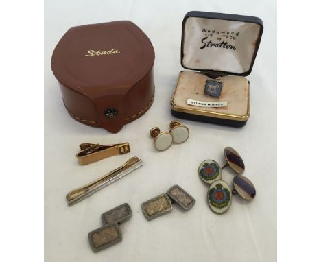 A small collection of cuff links and tie pin to include boxed Wedgwood with a leather stud box.