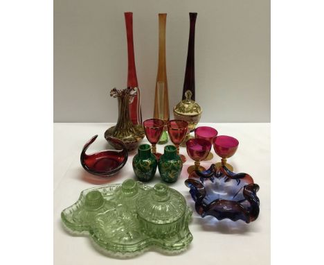 A quantity of coloured glass to include a green trinket set.