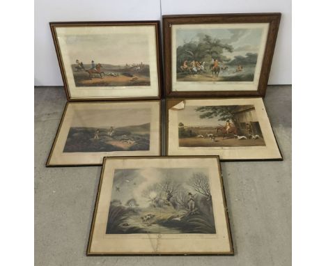 Set of 5 hunting prints. One without glass, one with crack to glass.