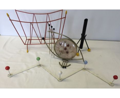 A collection of 4 1960-70s retro coloured ball tipped items comprising: 1) a magazine rack, 2) a wall mounted coat hook, 3) a