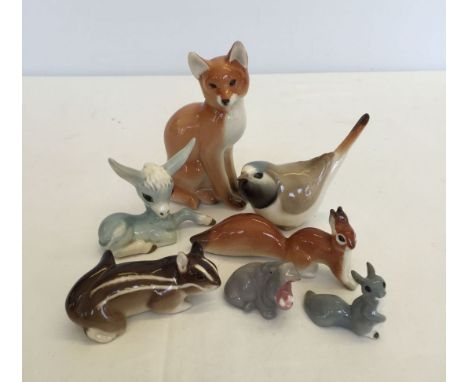 7 ceramic animals: 6 made in USSR and a Szeiler donkey (small chip to fox's ear).