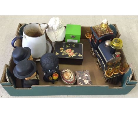 A box of misc items to include a vintage train shaped liqueur decanter & glasses.