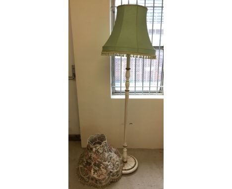 A white & gold painted standard lamp with 2 large shades.