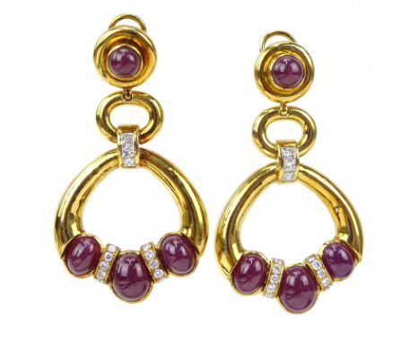 Cabochon Burma Ruby, Diamond and 18 Karat Yellow Gold Pendant Earrings. Excellent quality stones throughout. Largest ruby mea