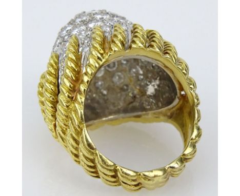 Vintage Approx. 5.0-6.0 Carat Round Brilliant Cut Diamond, Platinum and 18 Karat Yellow Gold Dome Ring. Unsigned. Very good c