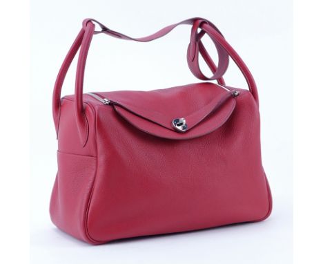 Hermes Rouge Casaque  Lindy 34 Clemence Bag. Palladium hardware, leather interior with 2 side pockets. Marked appropriately, 