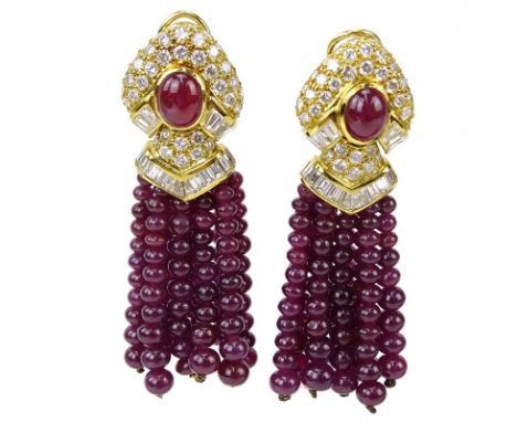 Very Fine Quality Bulgari style Burma Ruby, Diamond and 18 Karat Yellow Gold Tassel Earrings. Excellent quality stones throug