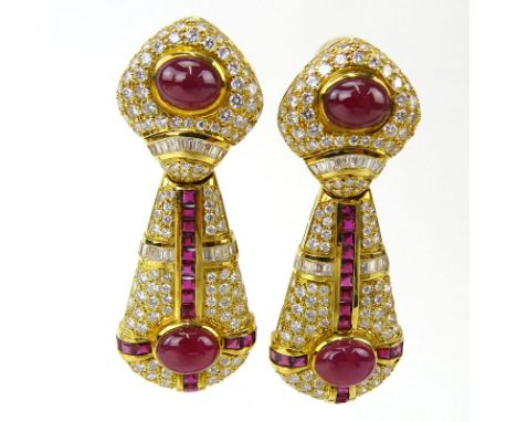 Very Fine Quality Burma Ruby, Diamond and 18 Karat Yellow Gold Pendant Earrings. Excellent quality stones throughout set with