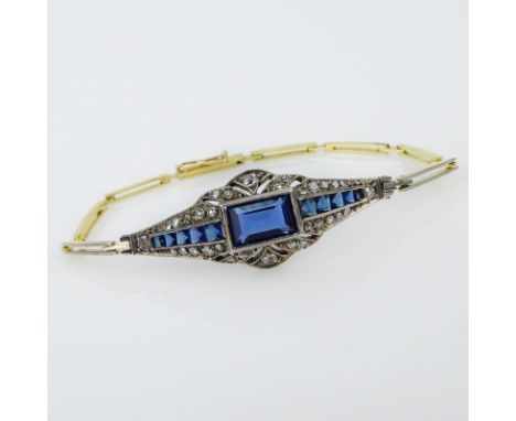 Art Deco Sapphire, Diamond, 14 Karat Yellow Gold and Sterling Silver Bracelet. Sapphires with vivid color. Stamped 925. Good 