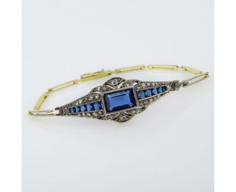 Art Deco Sapphire, Diamond, 14 Karat Yellow Gold and Sterling Silver Bracelet. Sapphires with vivid color. Stamped 925. Good 