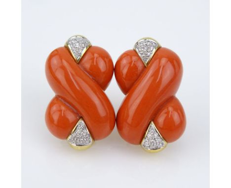 Vintage Italian 18 Karat Yellow Gold, Carved Red Coral and Pave Set Diamond Knot style Earrings. Signed (logo), 750 18K. Good