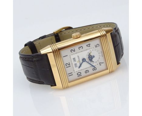 Man's Jaeger LeCoultre 18 Karat Rose Gold Grand Reverso Watch with Manual Movement, Calendar, Sun-Moon phase and Alligator St