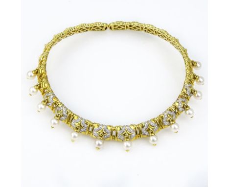 Vintage Bulgari style Heavy 18 Karat Yellow Gold, Pave Set Diamond and Pearl Flexible Choker Necklace. Stamped 750. Pearls me